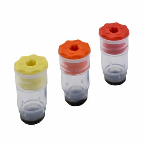 Low profile screw cap in yellow, orange and red
